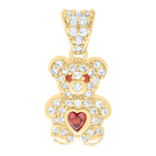 10k Yellow Gold Womens Red White Heart Round Cubic Zirconia January Birthstone Teddy Bear Charm Pendant