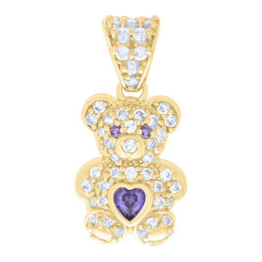 10k Yellow Gold Womens Purple White Heart Round Cubic Zirconia February Birthstone Teddy Bear Charm Pendant