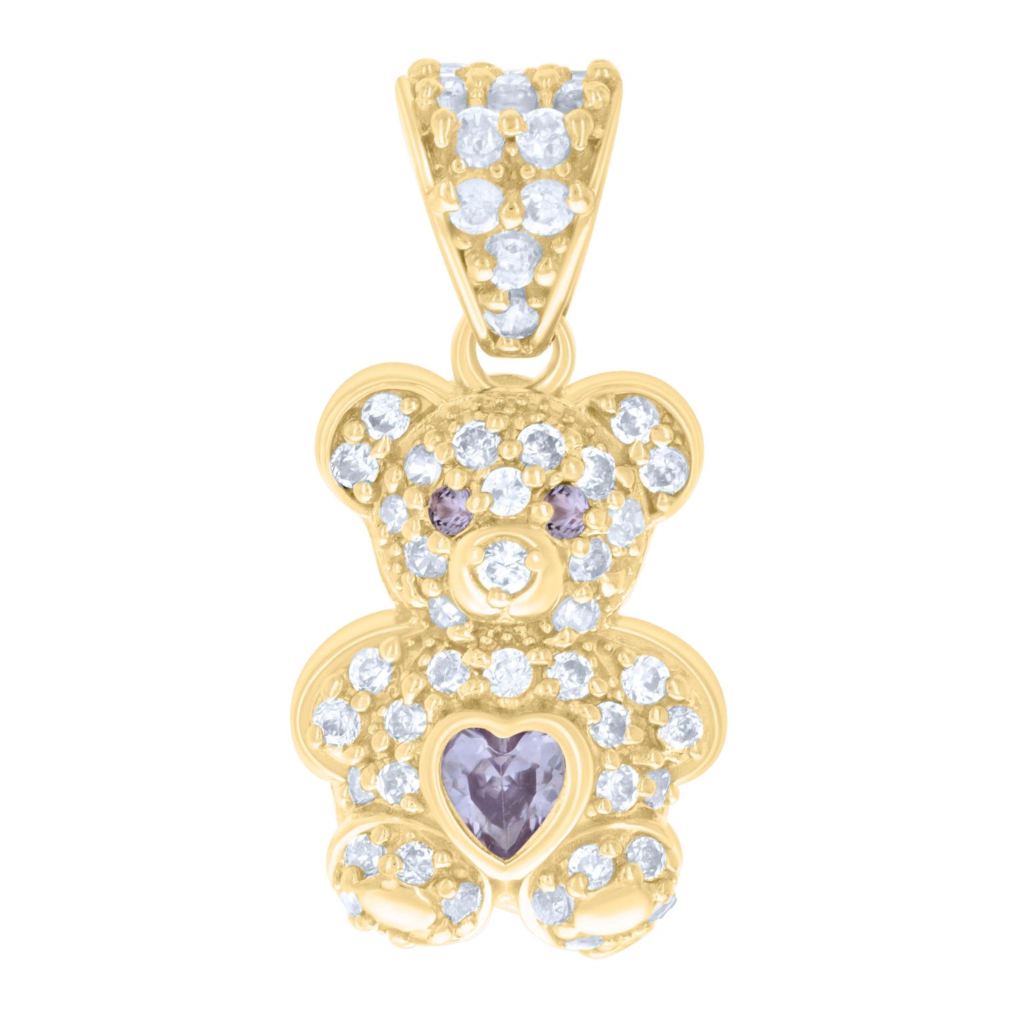 10k Yellow Gold Womens Purple White Heart Round Cubic Zirconia March Birthstone Teddy Bear Charm Pendant