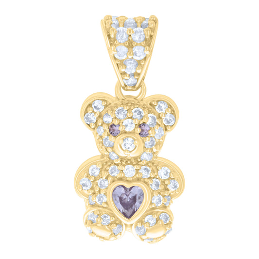 10k Yellow Gold Womens Purple White Heart Round Cubic Zirconia March Birthstone Teddy Bear Charm Pendant