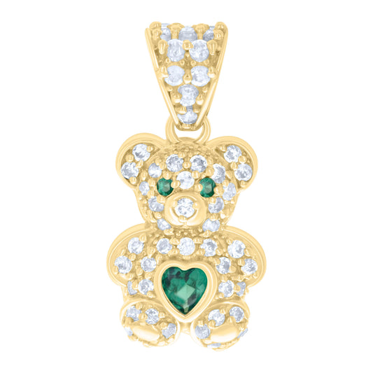 10k Yellow Gold Womens Green White Heart Round Cubic Zirconia May Birthstone Teddy Bear Charm Pendant