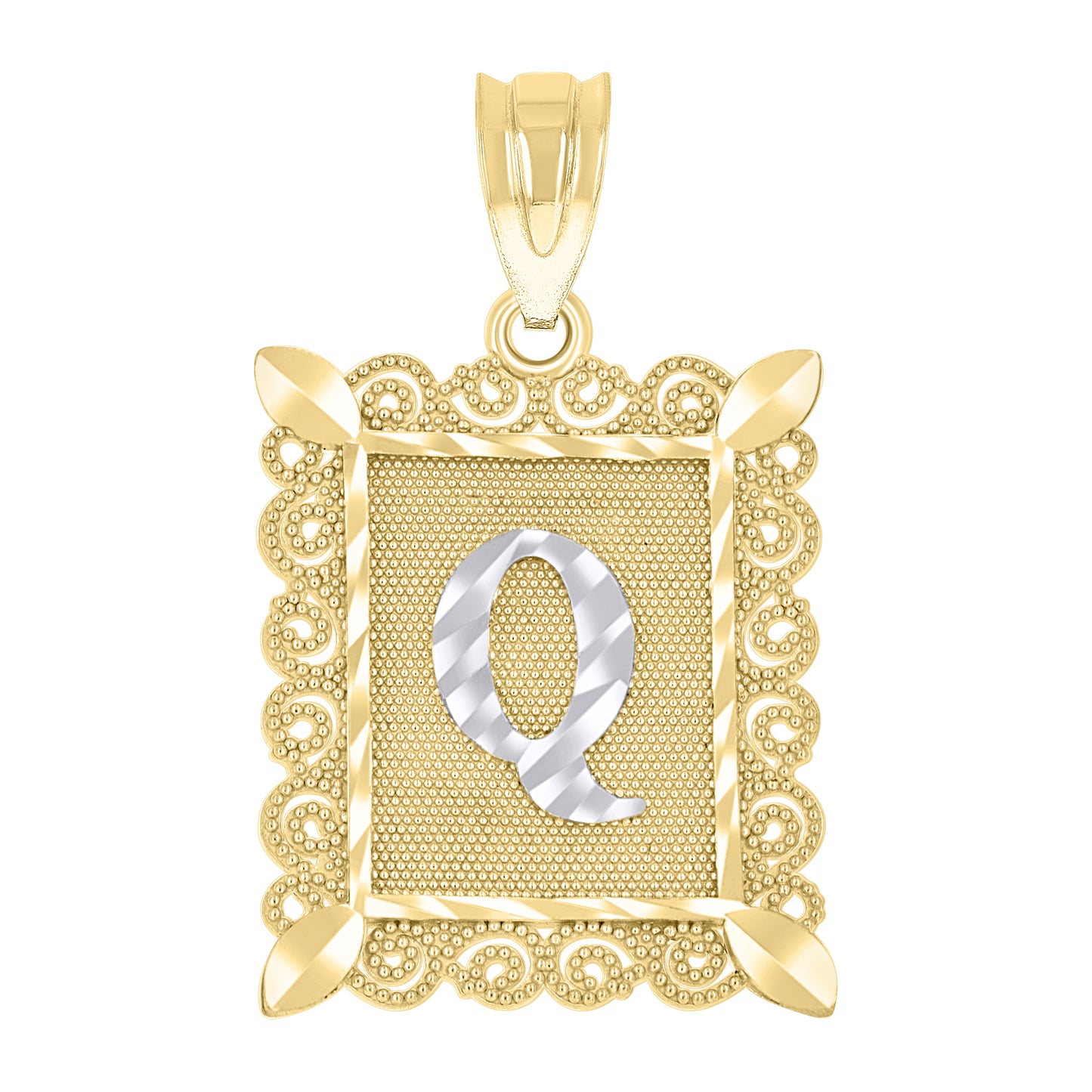 10k Two Tone Gold Unisex Diamond Cut Initial Q Charm Pendant