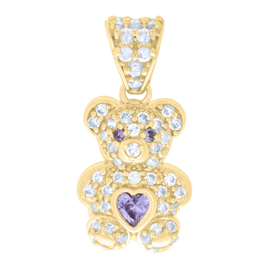 10k Yellow Gold Womens Purple White Heart Round Cubic Zirconia June Birthstone Teddy Bear Charm Pendant