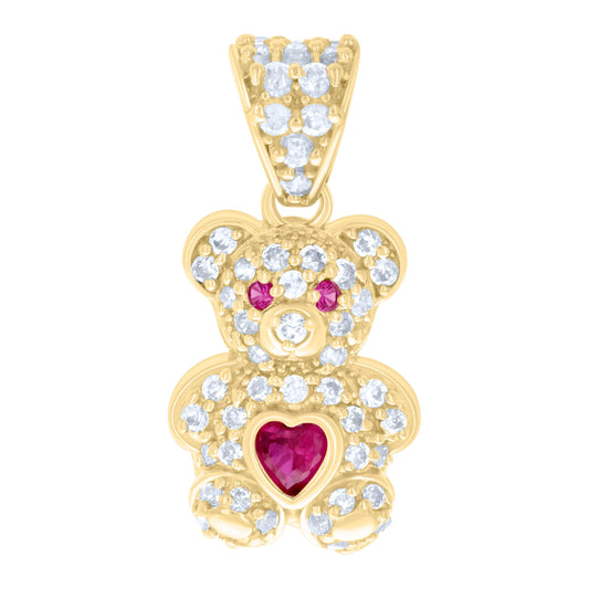 10k Yellow Gold Womens Red White Heart Round Cubic Zirconia July Birthstone Teddy Bear Charm Pendant