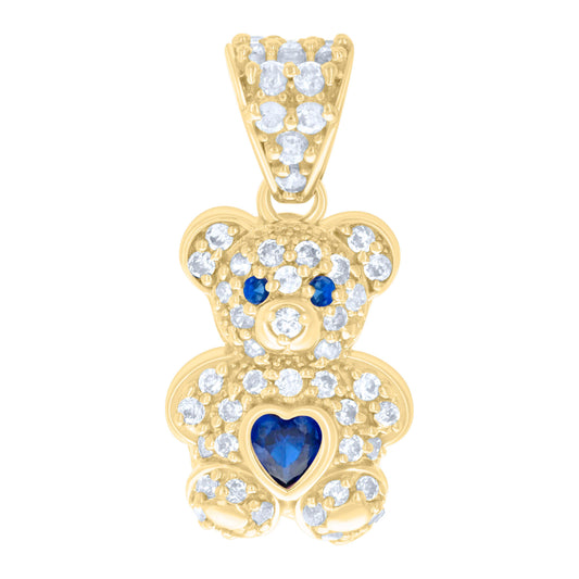 10k Yellow Gold Womens Blue White Heart Round Cubic Zirconia September Birthstone Teddy Bear Charm Pendant