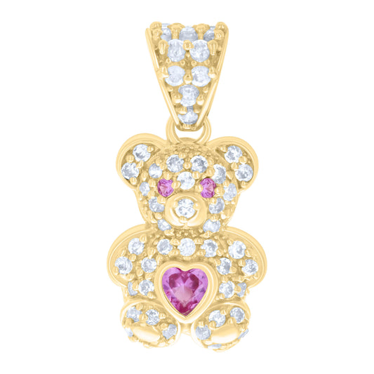 10k Yellow Gold Womens Pink White Heart Round Cubic Zirconia October Birthstone Teddy Bear Charm Pendant