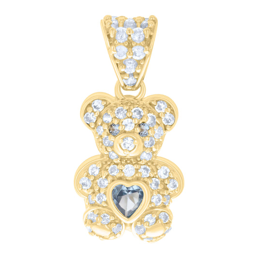 10k Yellow Gold Womens Blue White Heart Round Cubic Zirconia December Birthstone Teddy Bear Charm Pendant