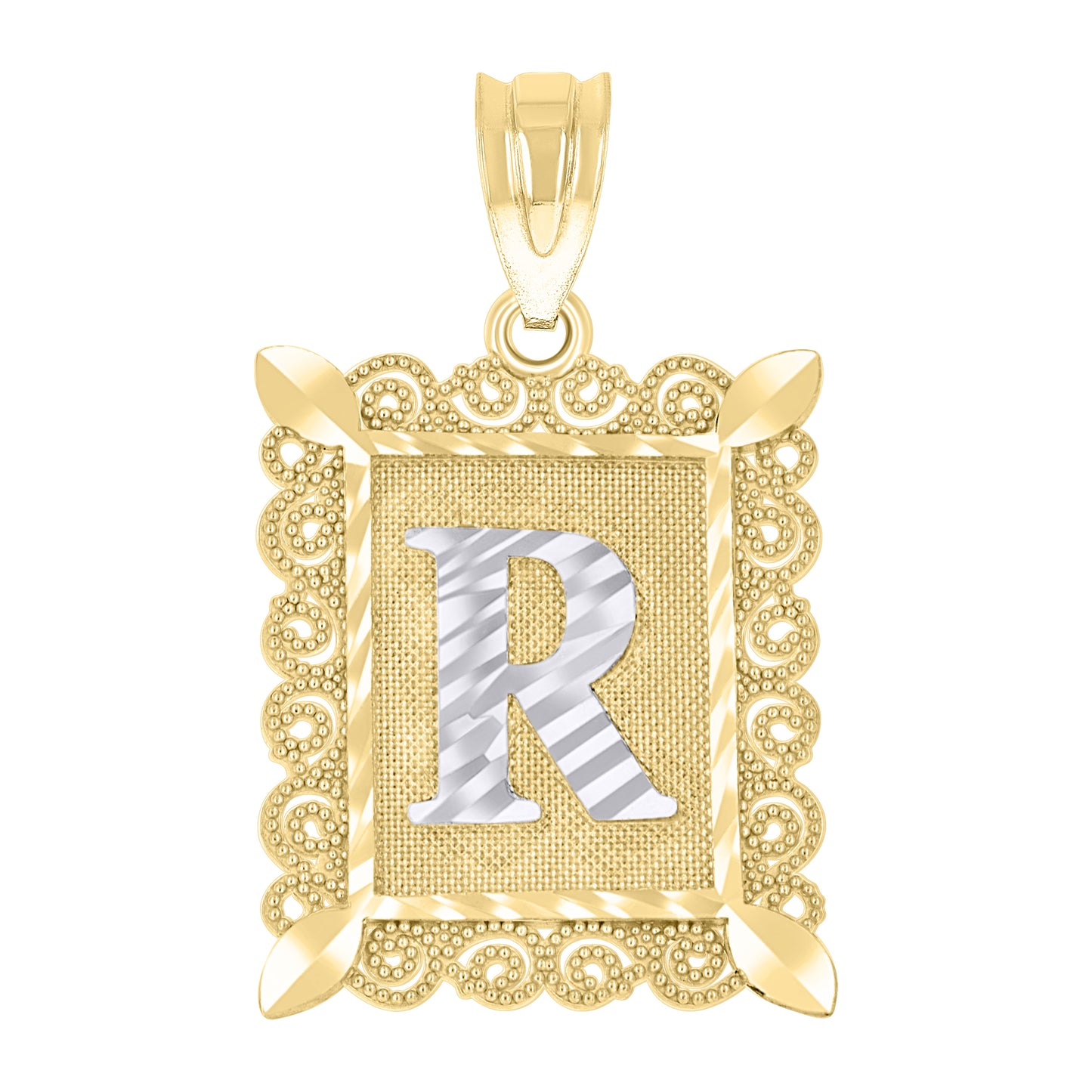 10k Two Tone Gold Unisex Diamond Cut Initial R Charm Pendant