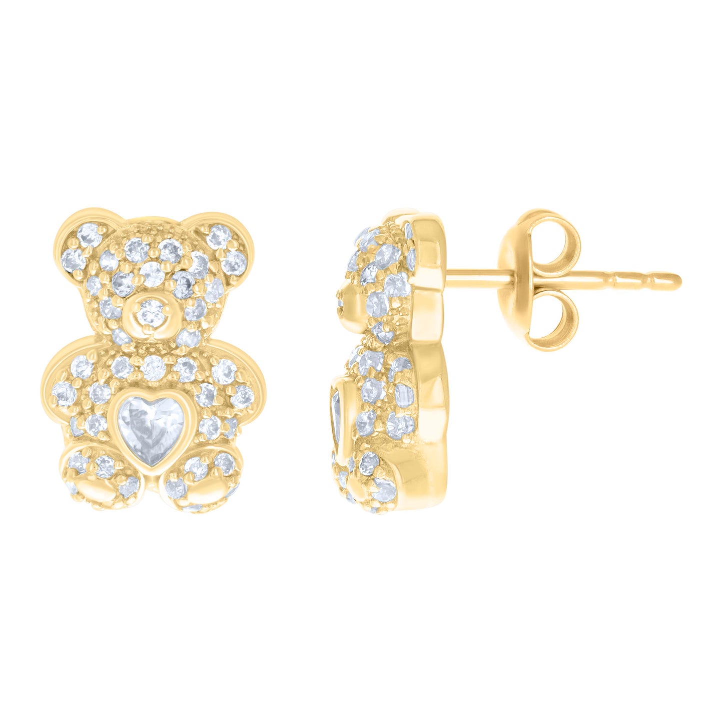 10k Yellow Gold Womens Heart Round Cubic Zirconia April Birthstone Teddy Bear Stud Earrings