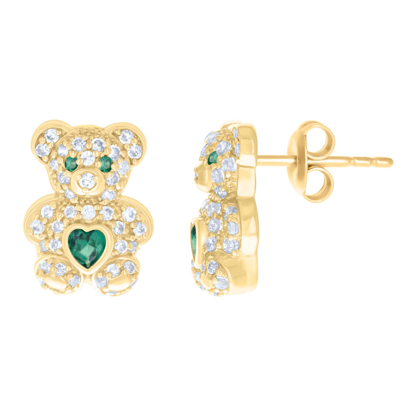10k Yellow Gold Womens Green White Heart Round Cubic Zirconia May Birthstone Teddy Bear Stud Earrings