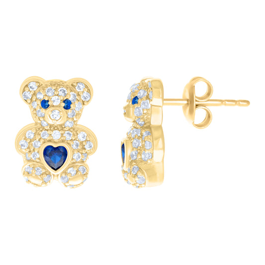 10k Yellow Gold Womens Blue White Heart Round Cubic Zirconia September Birthstone Teddy Bear Stud Earrings