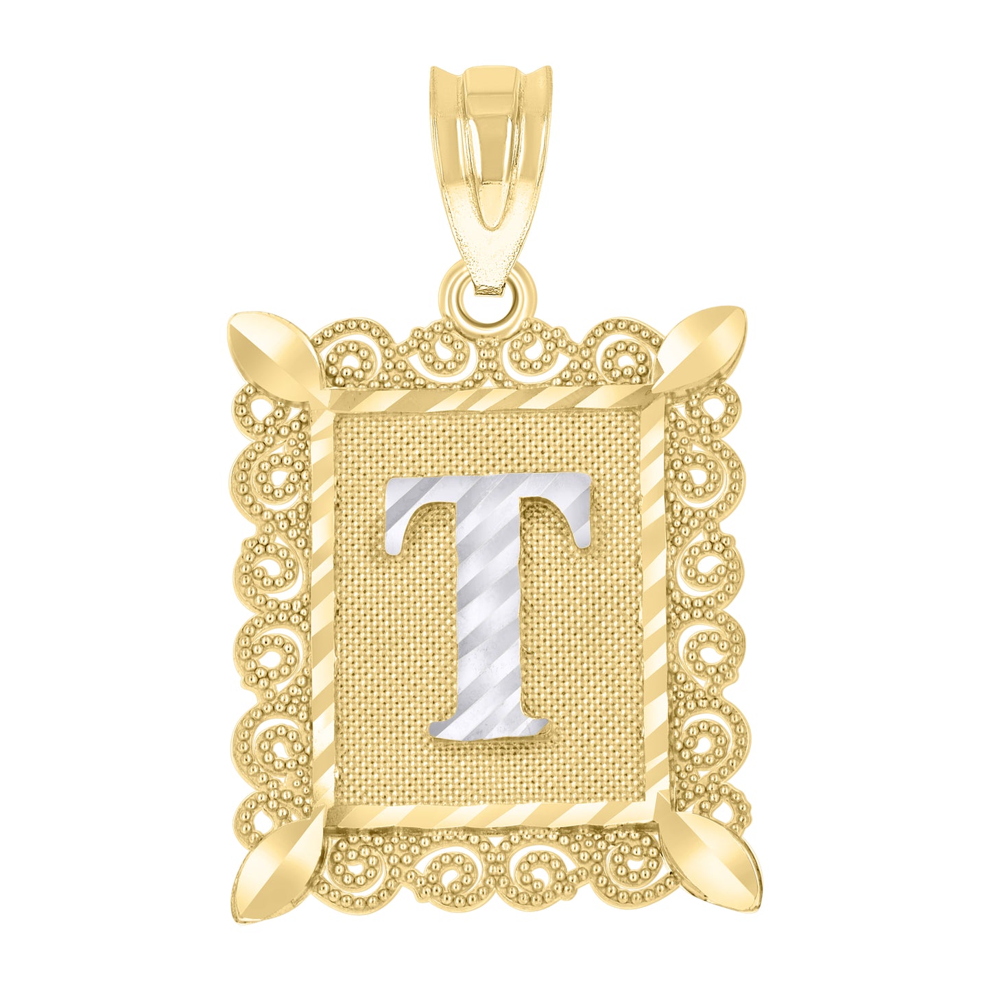 10k Gold Two Tone Diamond Cut Unisex Letter T Initial Charm Pendant