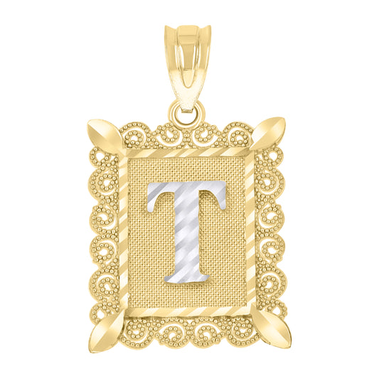 10k Gold Two Tone Diamond Cut Unisex Letter T Initial Charm Pendant