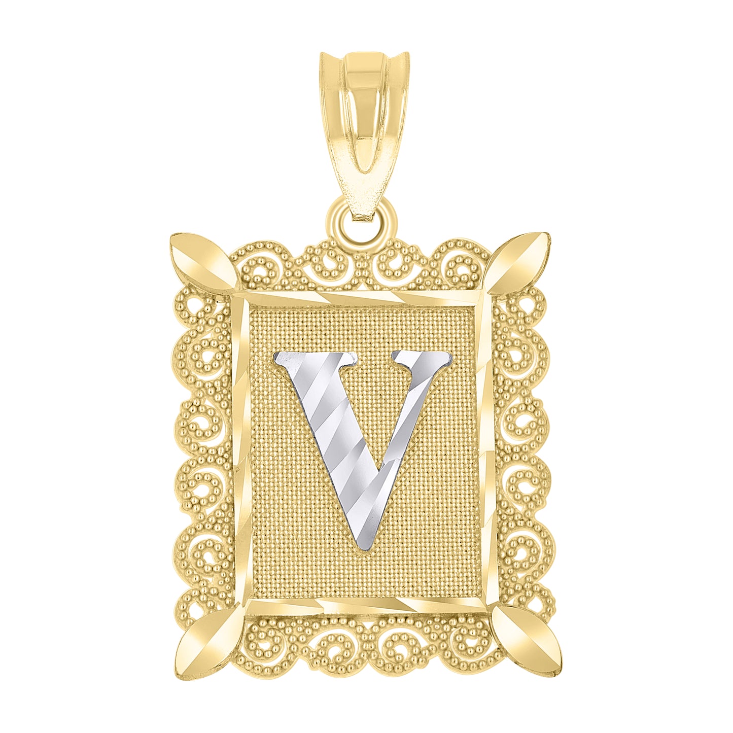 10k Two Tone Gold Unisex Diamond Cut Initial V Charm Pendant