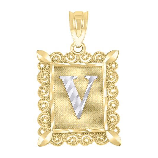 10k Two Tone Gold Unisex Diamond Cut Initial V Charm Pendant