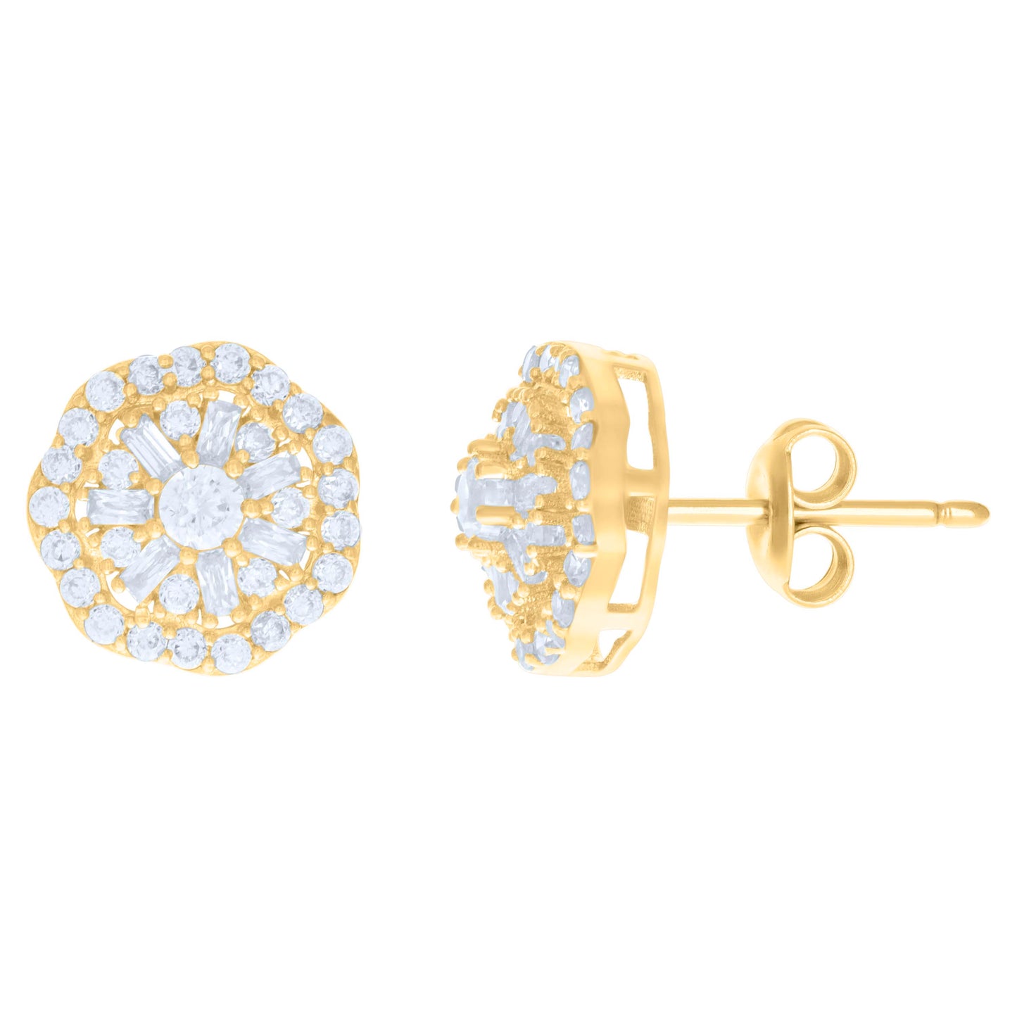 10k Yellow Gold Womens Baguette Round Cubic Zirconia Octagon Fashion Stud Earrings