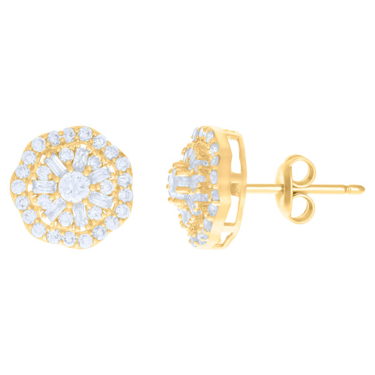 10k Yellow Gold Womens Baguette Round Cubic Zirconia Octagon Fashion Stud Earrings