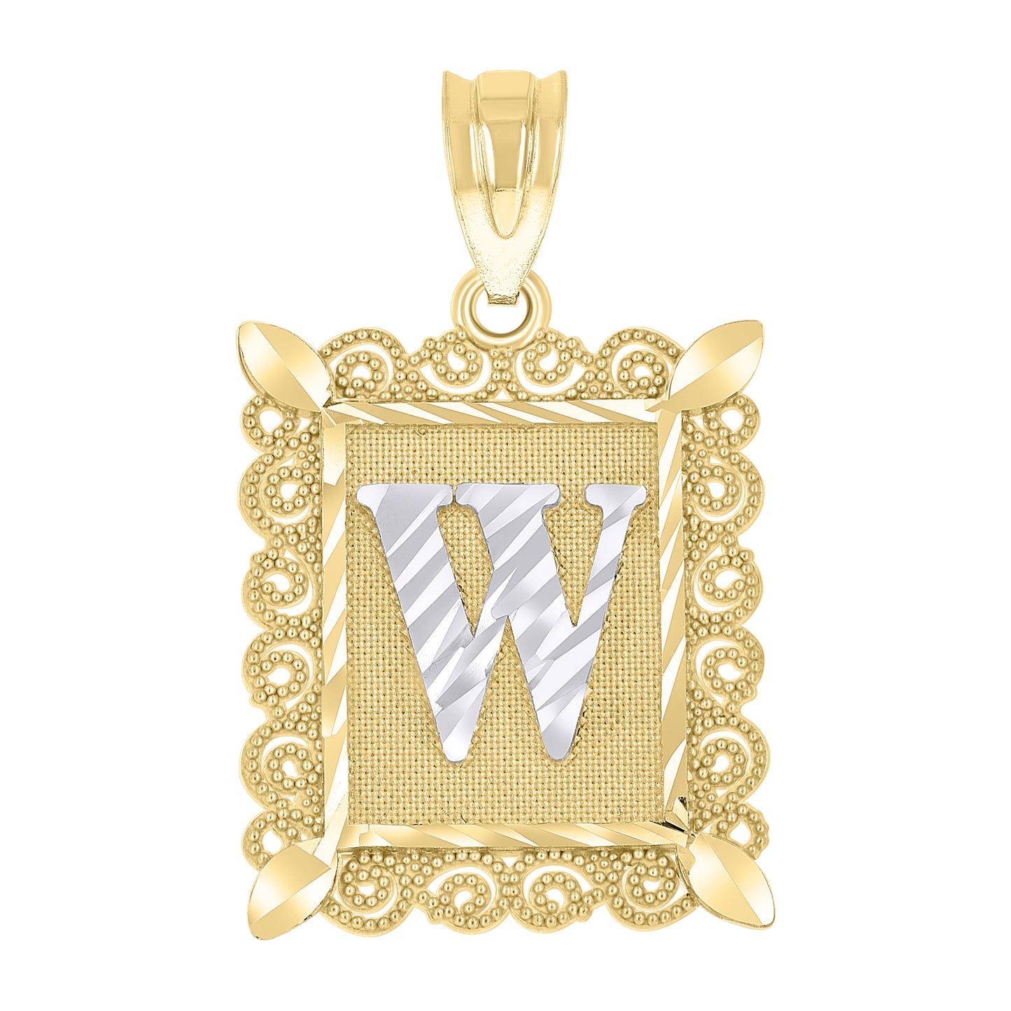 10k Two Tone Gold Unisex Diamond Cut Initial W Charm Pendant
