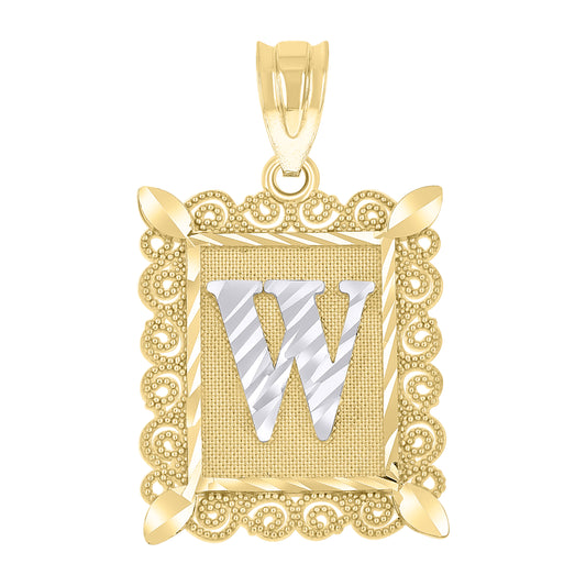 10k Two Tone Gold Unisex Diamond Cut Initial W Charm Pendant