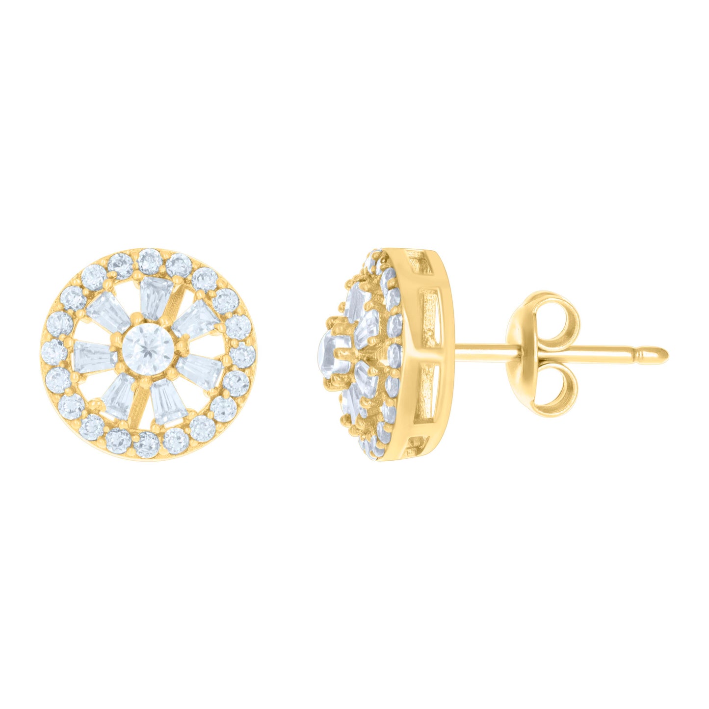 10k Yellow Gold Womens Baguette Round Cubic Zirconia Fashion Stud Earrings