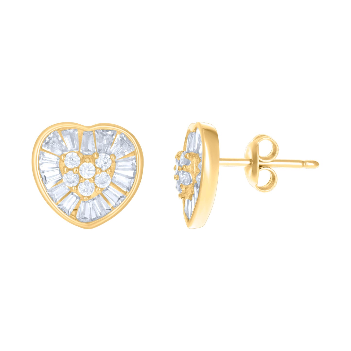 10k Yellow Gold Womens Baguette Round Cubic Zirconia Heart Stud Earrings