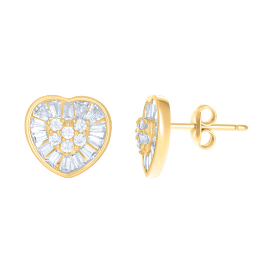 10k Yellow Gold Womens Baguette Round Cubic Zirconia Heart Stud Earrings