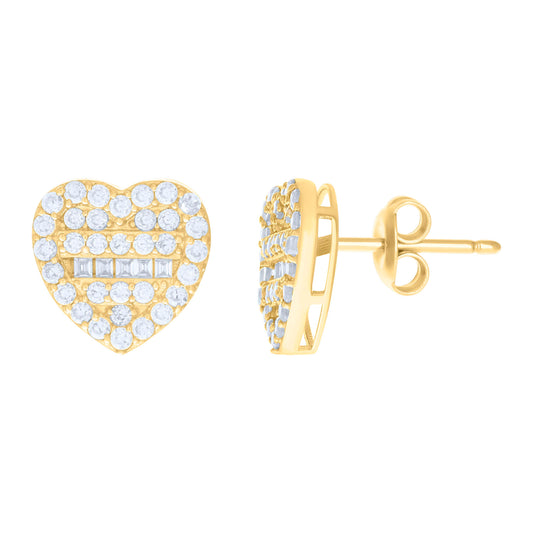 10k Yellow Gold Womens Baguette Round Cubic Zirconia Heart Stud Earrings