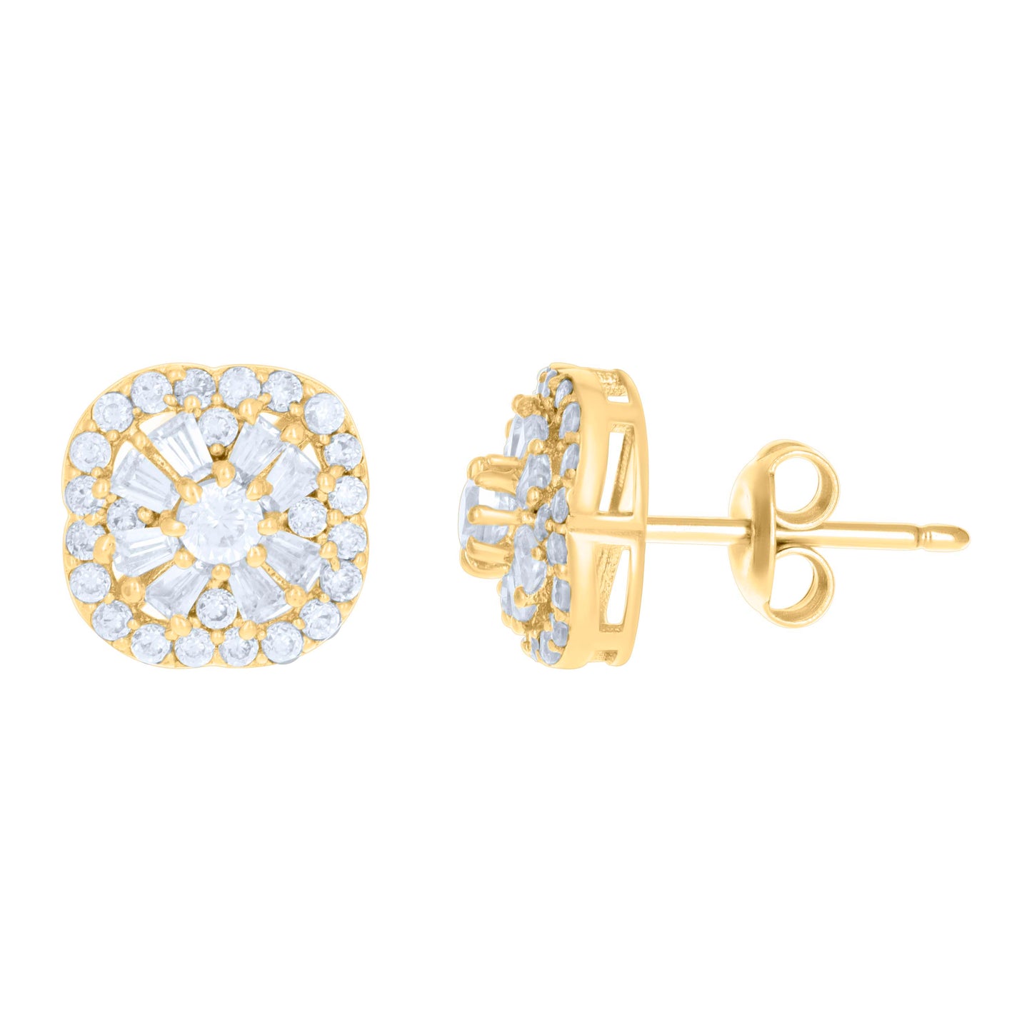 10k Yellow Gold Womens Baguette Round Cubic Zirconia Fashion Stud Earrings