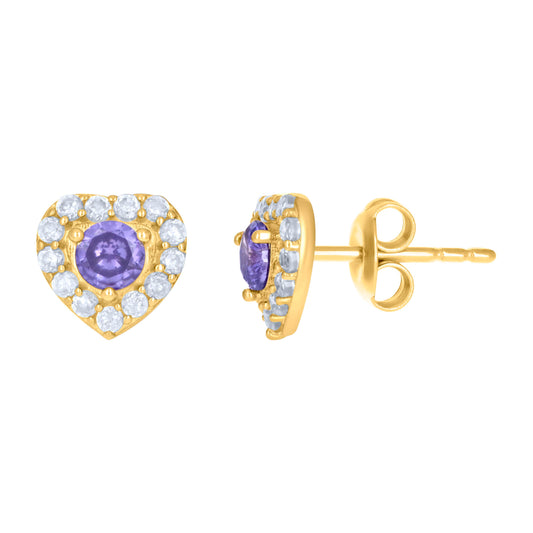 10k Yellow Gold Womens Purple White Cubic Zirconia Heart Stud Earrings