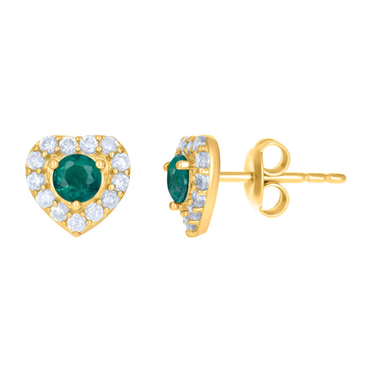 10k Yellow Gold Womens Green White Cubic Zirconia Heart Stud Earrings