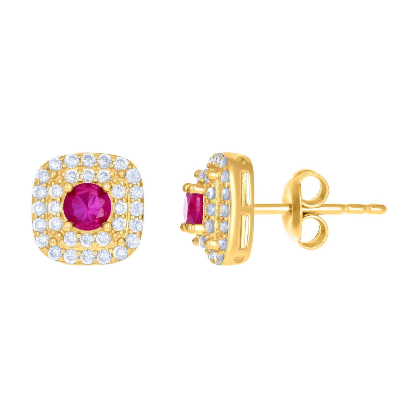 10k Yellow Gold Womens Red White Cubic Zirconia Square Fashion Stud Earrings