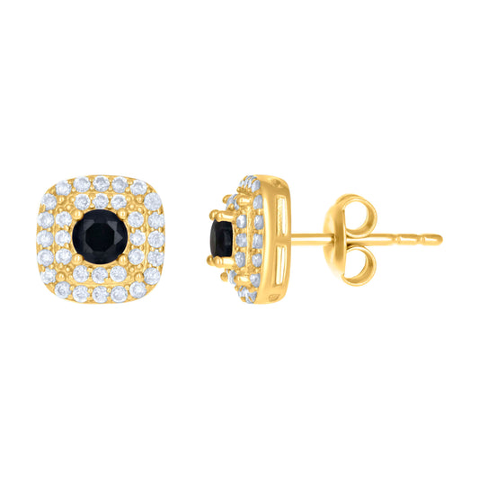 10k Yellow Gold Womens Black White Cubic Zirconia Square Fashion Stud Earrings