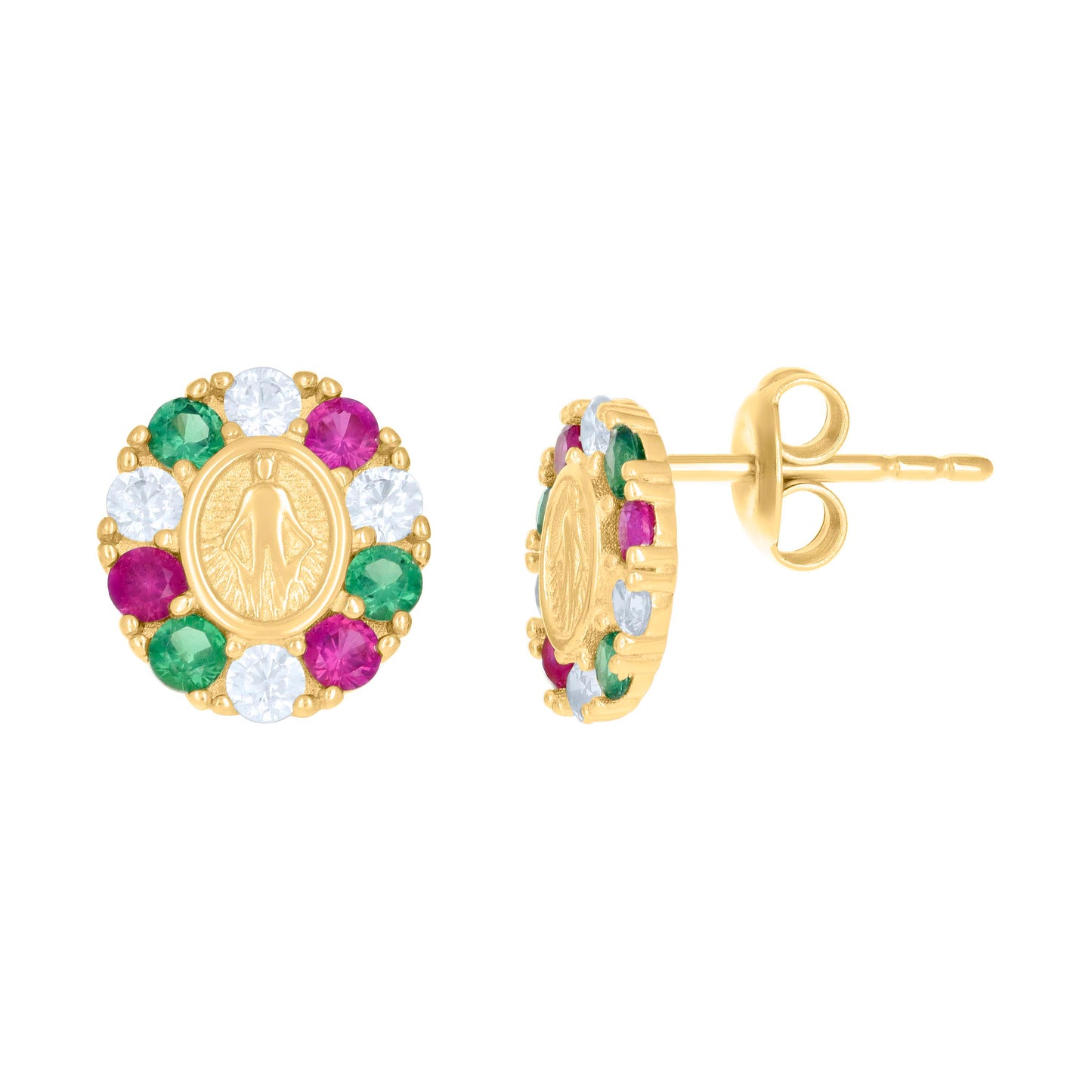 10k Yellow Gold Womens Green/Pink White Cubic Zirconia Miraculous Medal Religious Stud Earrings
