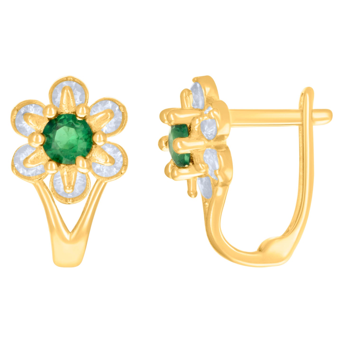 10k Yellow Gold Womens Green White Cubic Zirconia Flower Fashion Latch Back Earrings