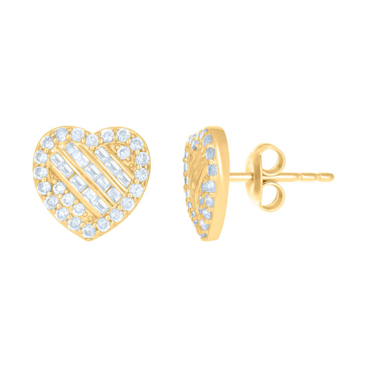 10k Yellow Gold Womens Baguette Round Cubic Zirconia Heart Stud Earrings