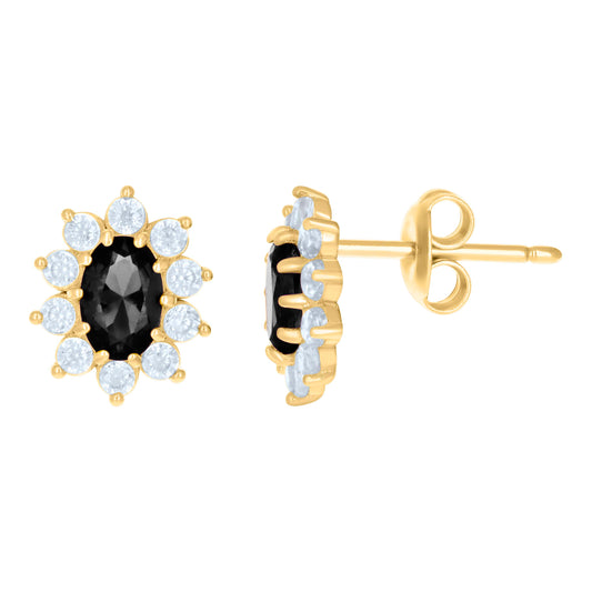 10k Yellow Gold Womens Black White Oval Round Cubic Zirconia Flower Fashion Stud Earrings