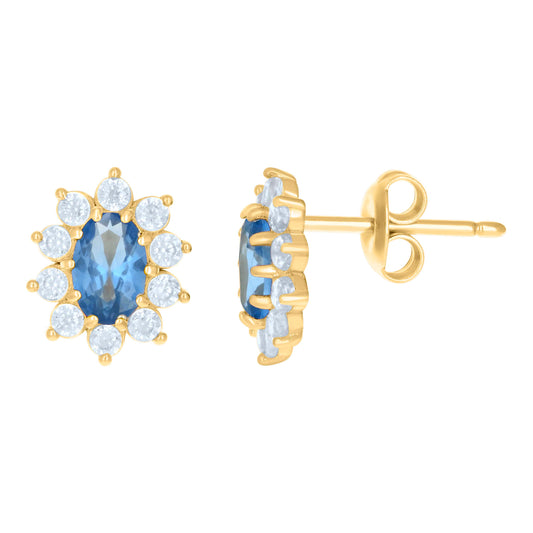 10k Yellow Gold Womens Blue White Oval Round Cubic Zirconia Flower Fashion Stud Earrings