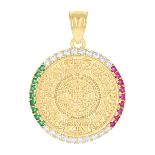 10k Yellow Gold Mens Green/Purple White Cubic Zirconia Aztec Calendar Fashion Charm Pendant