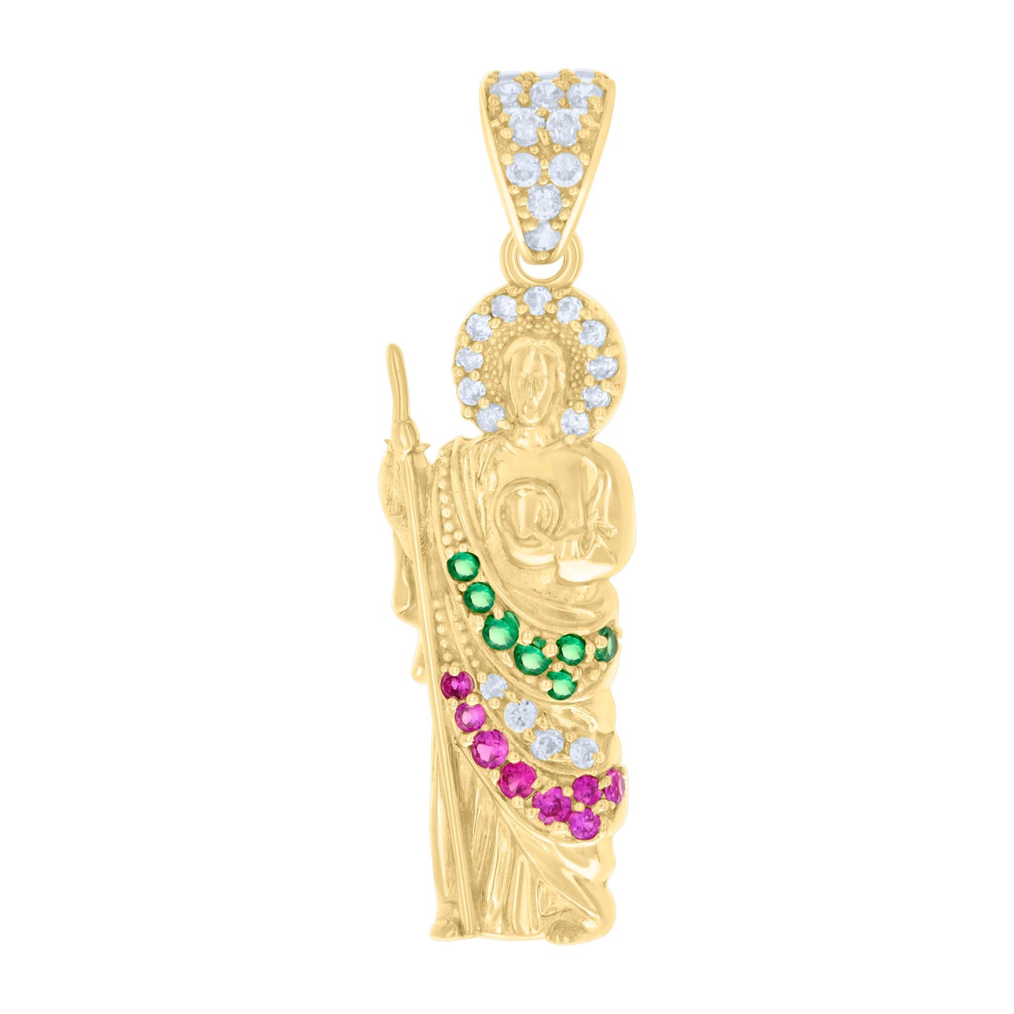 10kt Yellow Gold Mens Green/Purple White Cubic-Zirconia St. Jude Religious Charm Pendant
