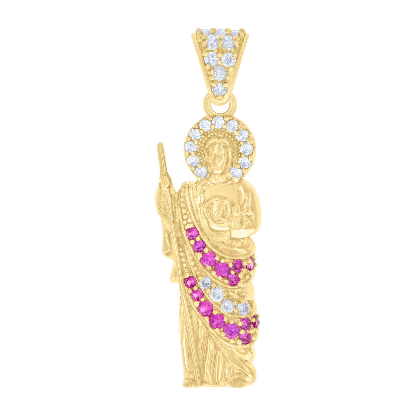 10k Yellow Gold Mens Pink White Cubic Zirconia St. Jude Religious Charm Pendant
