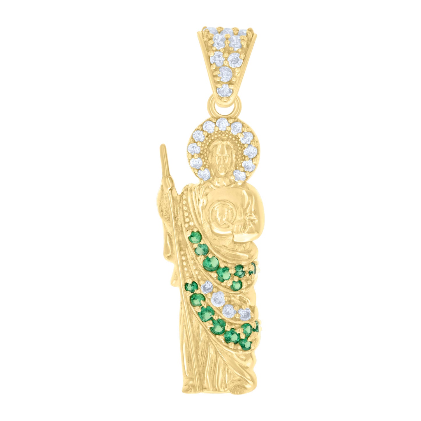 10k Yellow Gold Mens Green White Cubic Zirconia St. Jude Religious Charm Pendant