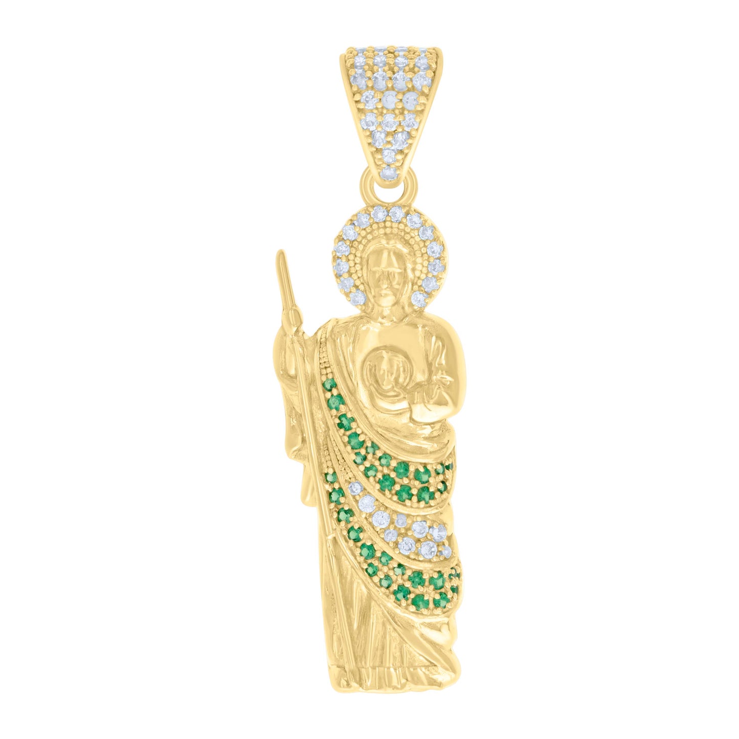 10k Yellow Gold Mens Green White Cubic Zirconia St. Jude Religious Charm Pendant