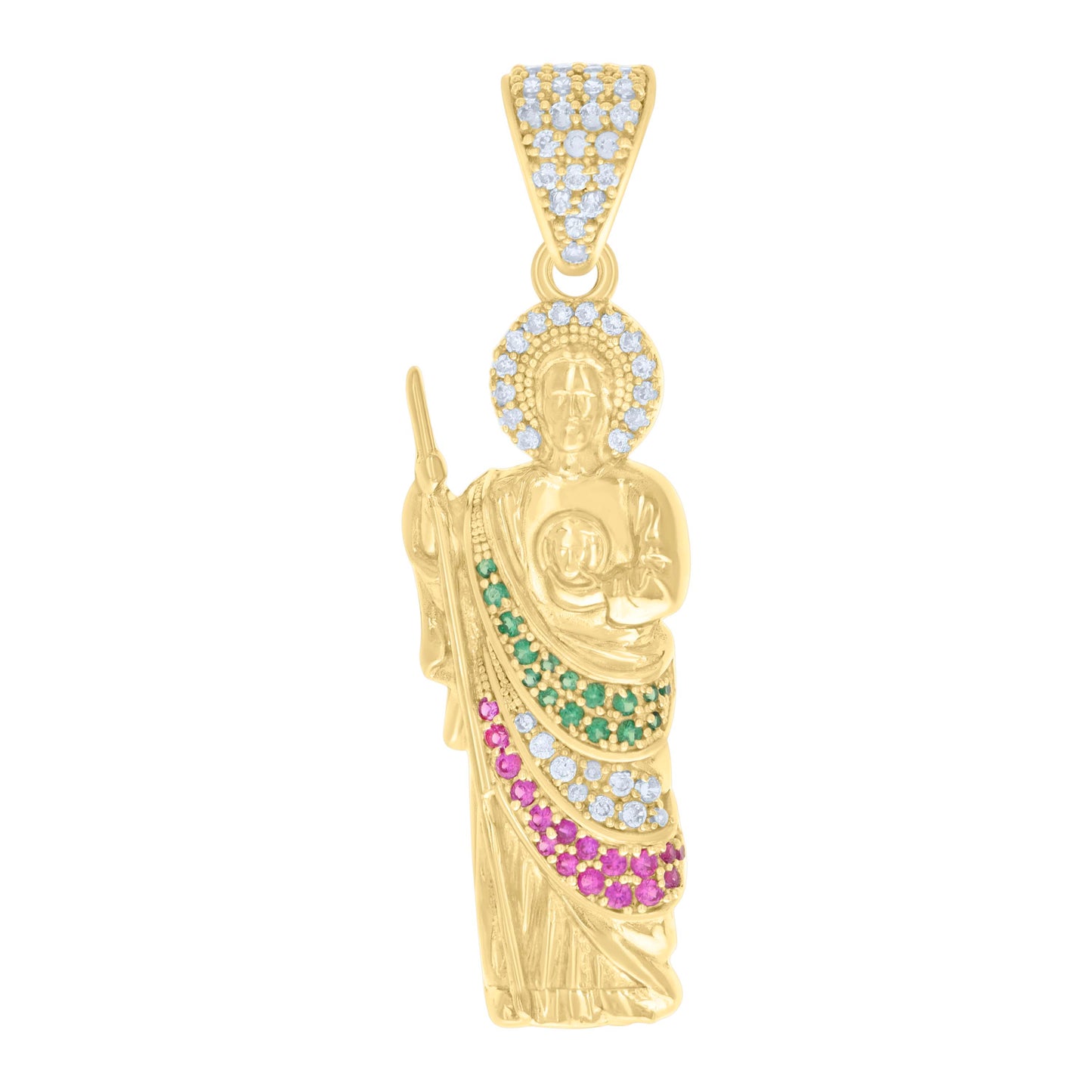 10k Yellow Gold Mens Green/Purple White Cubic Zirconia St. Jude Religious Charm Pendant