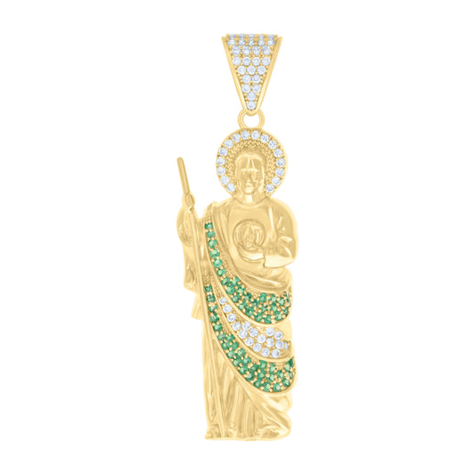 10k Yellow Gold Mens Green White Cubic Zirconia St. Jude Religious Charm Pendant