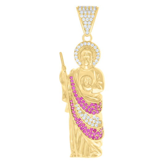 10k Yellow Gold Mens Pink White Cubic Zirconia St. Jude Religious Charm Pendant