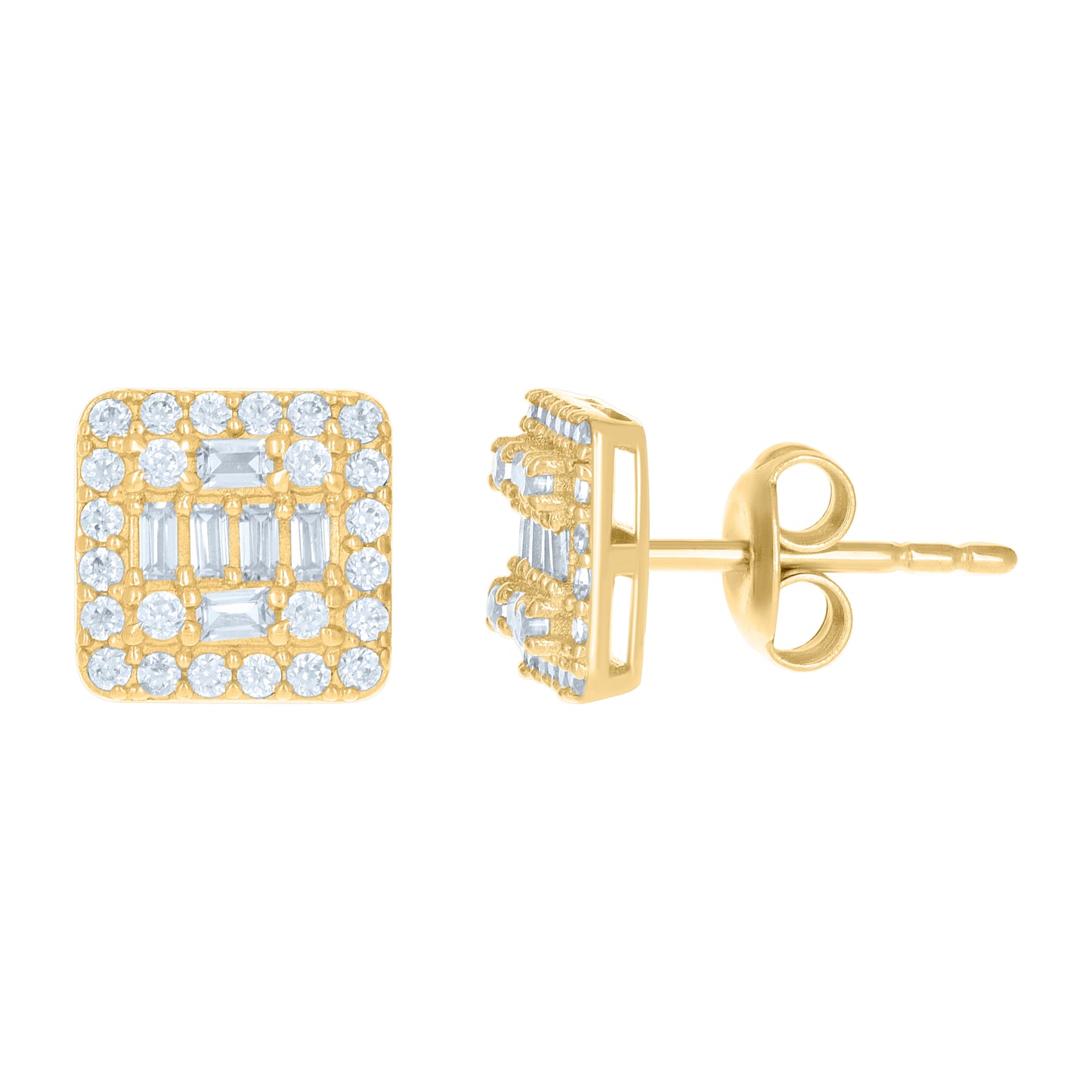 10k Yellow Gold Womens Baguette Round Cubic Zirconia Square Stud Earrings