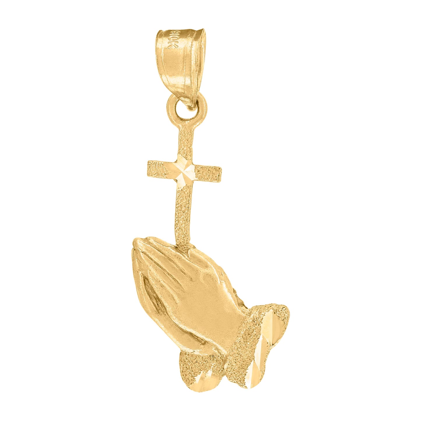 10kt Yellow Gold Unisex Diamond-Cut Praying Hands Cross Religious Charm Pendant