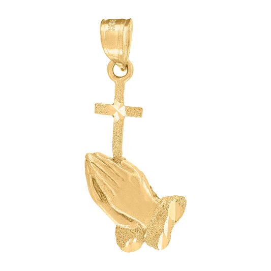 10kt Yellow Gold Unisex Diamond-Cut Praying Hands Cross Religious Charm Pendant