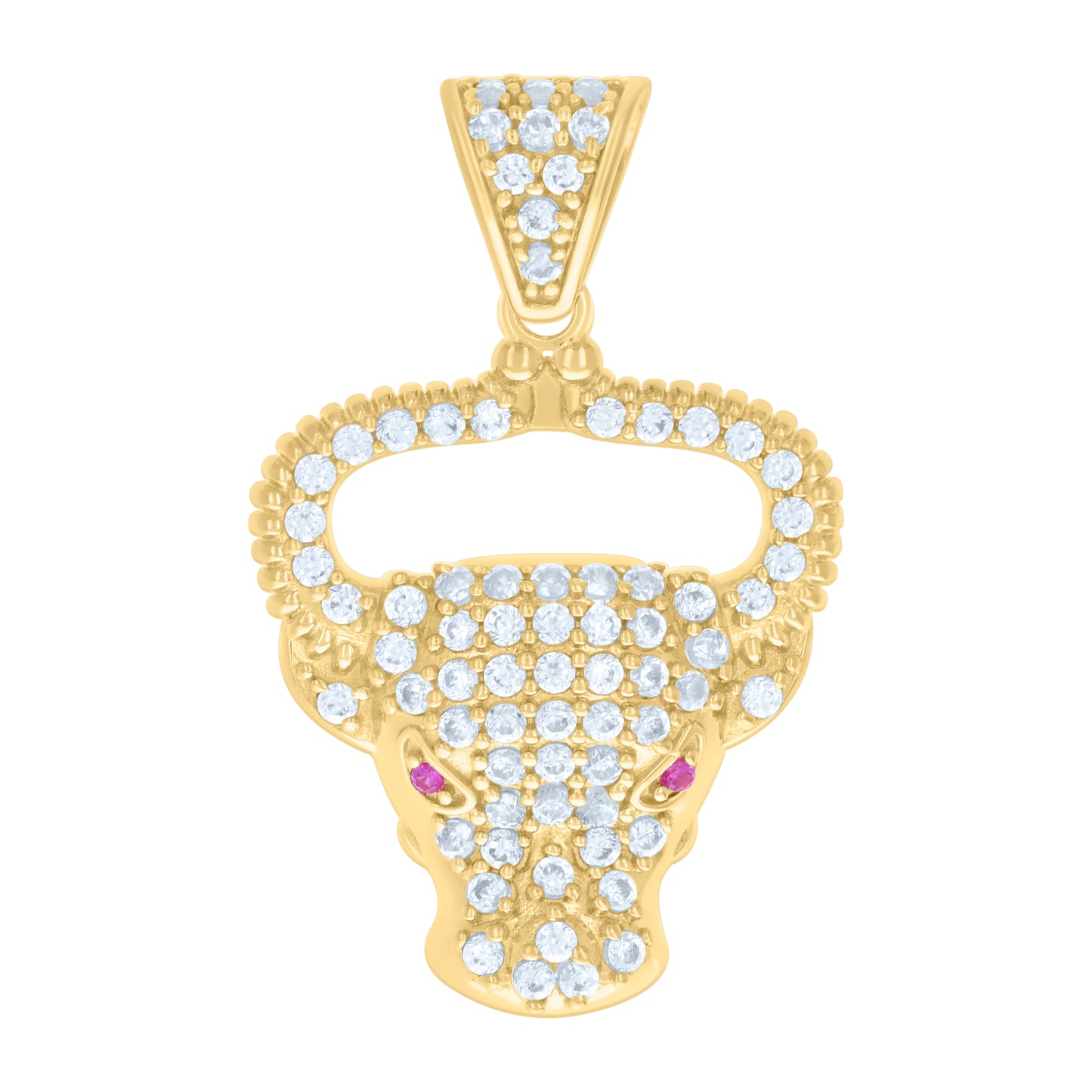 10k Yellow Gold Mens Pink White Cubic Zirconia Bull Head Animal Wildlife Charm Pendant