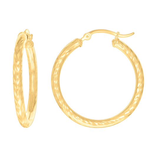 10k Yellow Gold Womens Round Tube Diamond-cut Patterned Fancy Hoop Earrings 3mm-31